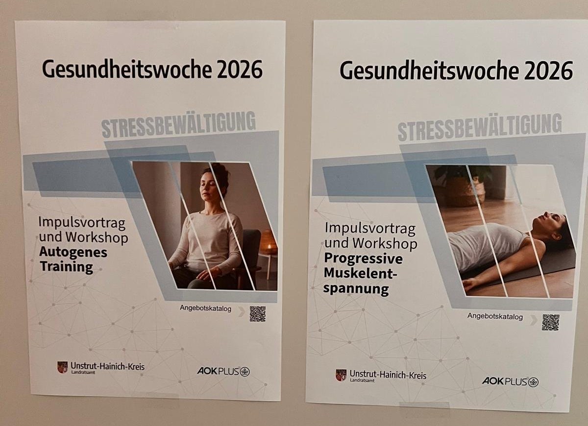 Gesundheitswoche 2026 Landratsamt Unstrut-Hainich-Kreis – Plakate Plakate der Gesundheitswoche 2026: Impulsvortrag und Workshop Autogenes Training und Progressive Muskelentspannung
